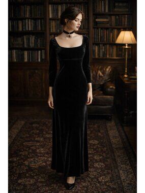 Vintage 90s Scott McClintock Womens Maxi Dress Sz 6P Black Velvet Regency Goth